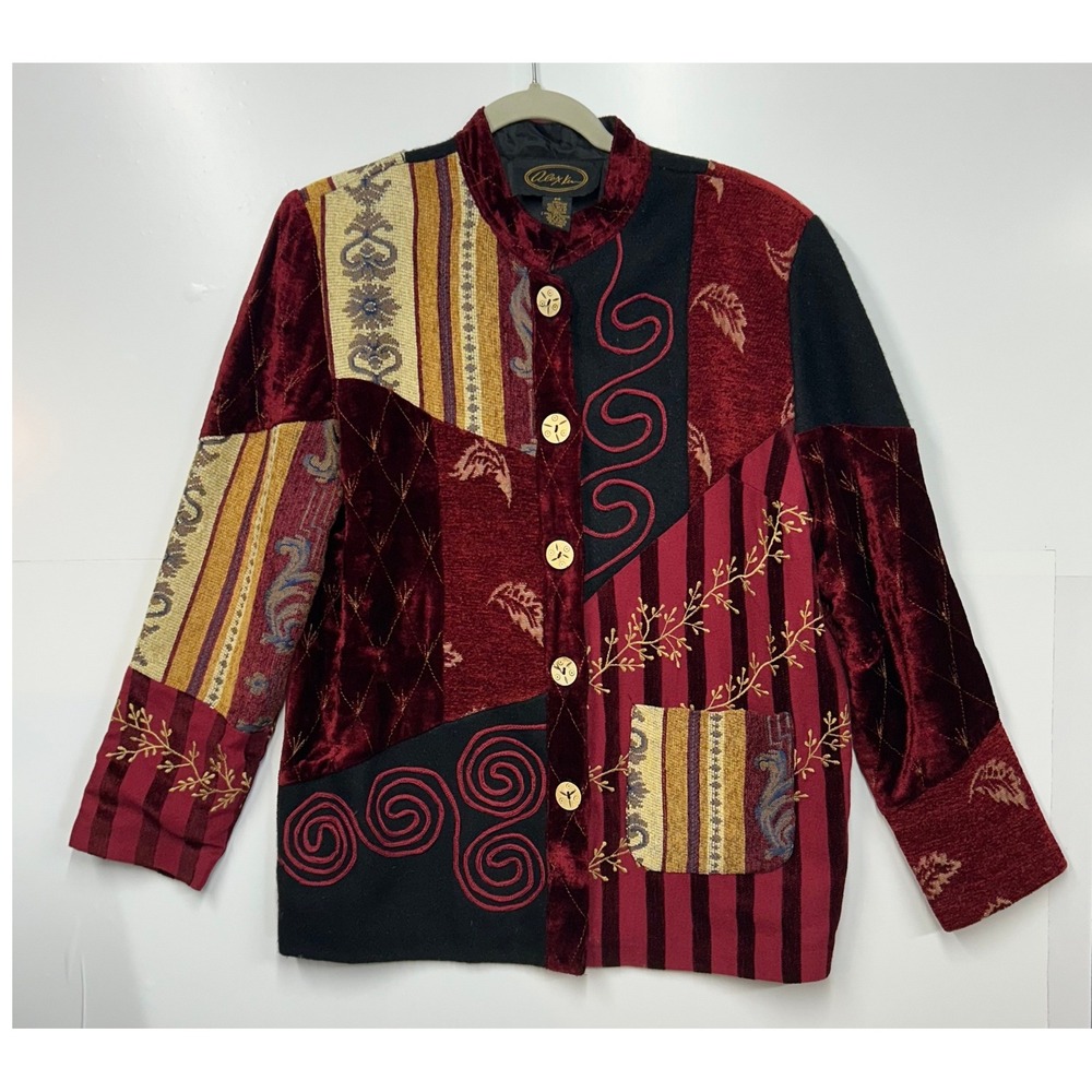 Alex Kin Patchwork Velvet Tapestry Jacket Burgundy Black Gold Artsy PS eclectic